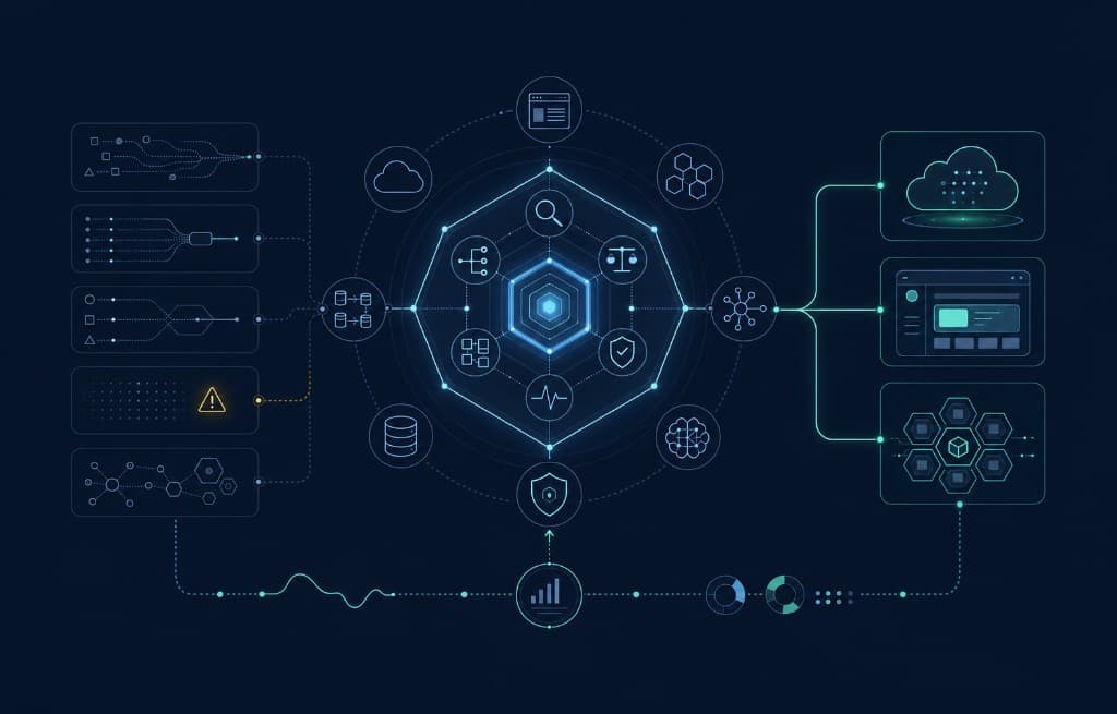 Systems architecture illustration showing data inputs flowing through a secure core into cloud, applications, and distributed systems